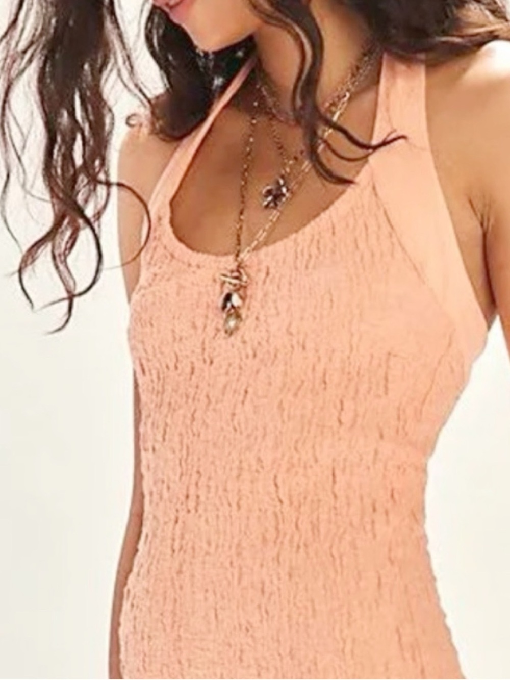 FREE PEOPLE SEAFOAM TEXTURED MIDI HALTER DRESS PEACH MEDIUM - Picture 5 of 5